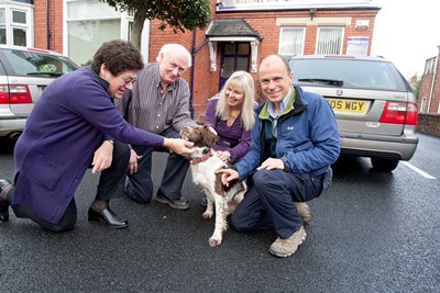 Walking around England Stuart Jessup and his dog Poppy stop off at Coxeys in Grosvenor Road, Wrexham to meet Morag and Peter Browning and administration assistant Julie Owen. Walking around England Stuart Jessup and his dog Poppy stop off at Coxeys in Grosvenor Road, Wrexham to meet Morag and Peter Browning and administration assistant Julie Owen.