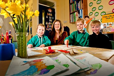 Meinir Thomas Jones from Coleg Harlech at Nannerch School. Meinir with pupils from left, Lucy Caldwell, 4, Aidan Rothwell-Jones and Simon Jackson, 5. Meinir Thomas Jones from Coleg Harlech at Nannerch School. Meinir with pupils from left, Lucy Caldwell, 4, Aidan Rothwell-Jones and Simon Jackson, 5.