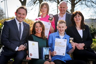Pendine Park Hillbury Care Home. Health and Social Care Excellence Award.  Amanda Dexter (pink top) , Senior Care Practioner, Helen Wynne (greeen dress)  Blyths Wood Childcare Services, and James Bowden (blue top) care practioner With AM Lesley Griffiths, David Jones (right) College Principal and Mario Kreft (back) Director of Pendine Park Care Homes.